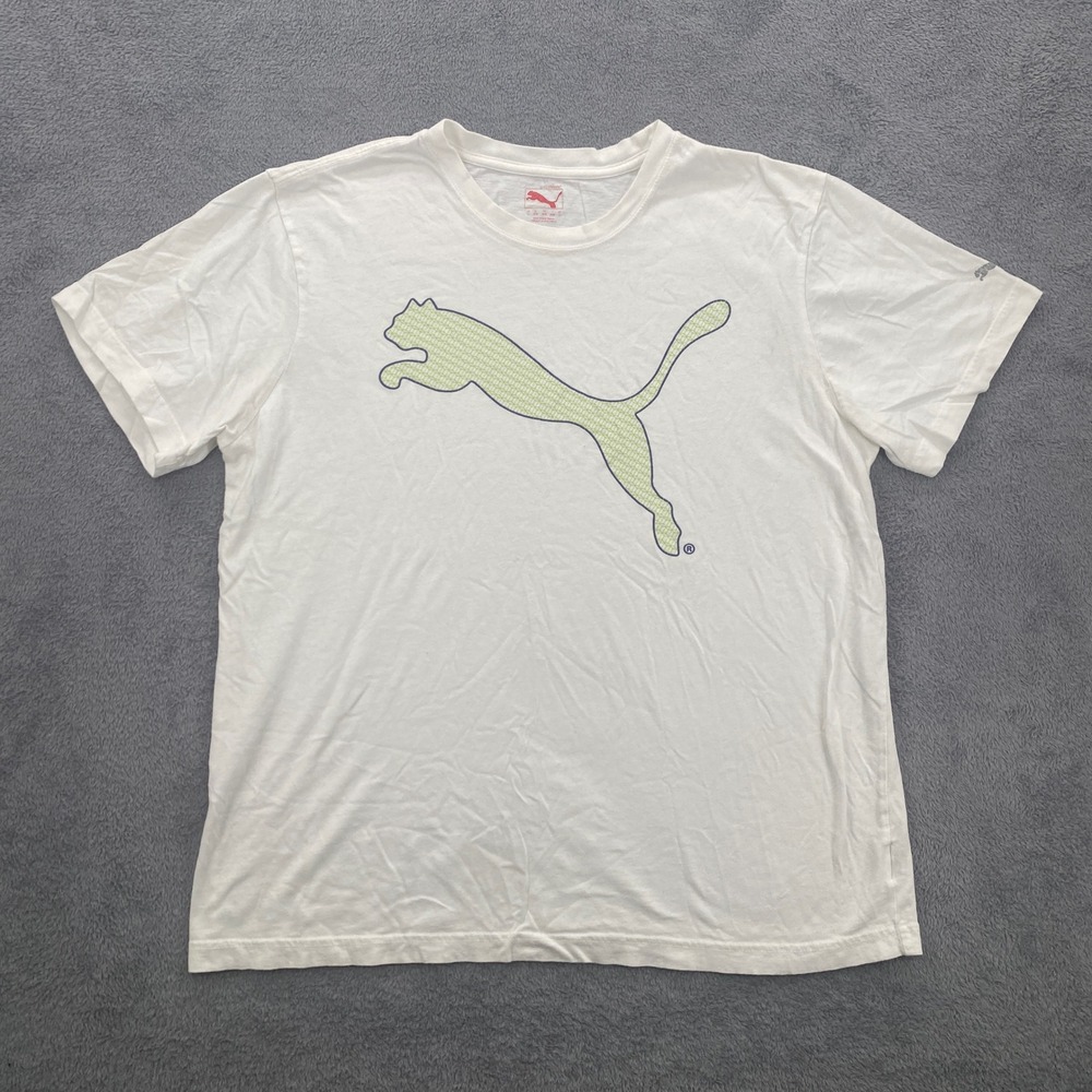 Puma T-Shirt Mens XL White Lime Green Graphic Logo Sportlifestyle Short Sleeve